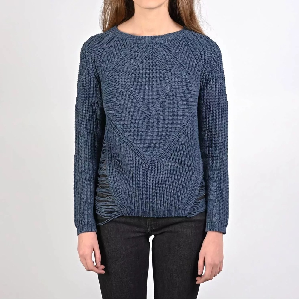 Maje Chunky‎ Knit Long Sleeve Sweater 1 Small Argyle Diamond Crew Neck Blue